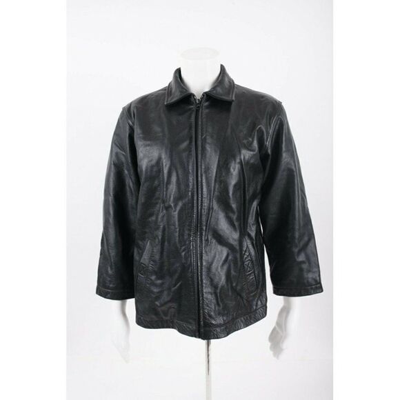 Vintage Gap Womans Black Leather Jacket Coat Size L Full Zip Collared Biker Moto - Picture 1 of 6
